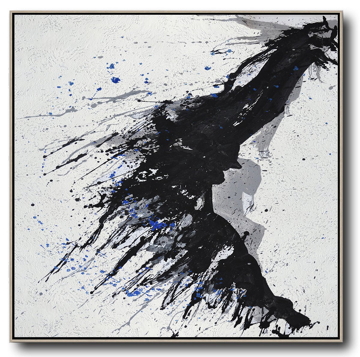 Hand-Painted Minimalist Drip Painting On Canvas, Black, White, Grey, Blue - Long Abstract Art Foyer Large